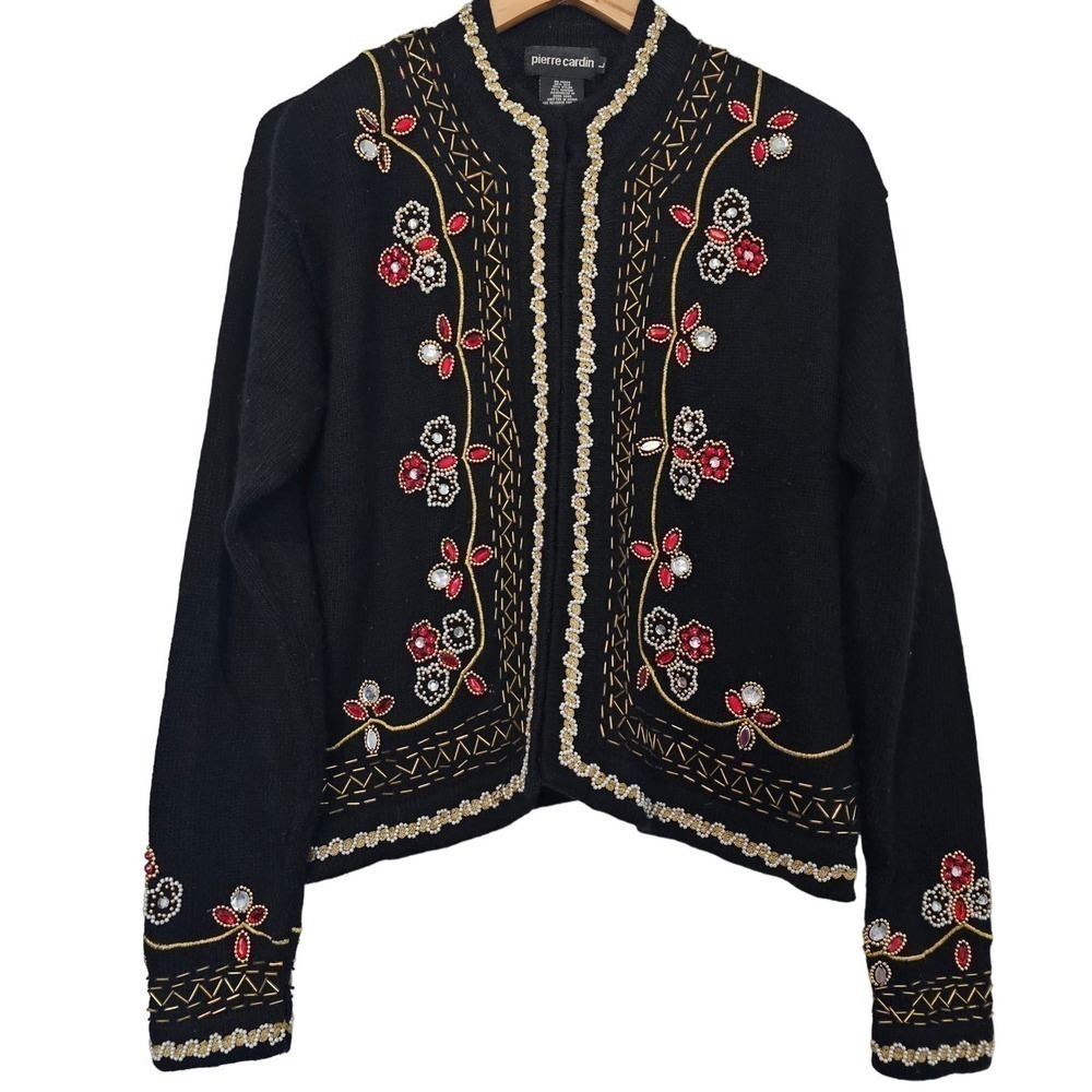 Vintage Pierre Cardin Sweater Womens Large 90s Black Silk Angora Beaded Floral